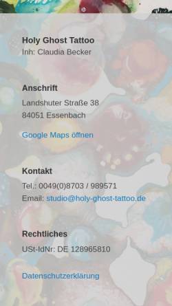 Vorschau der mobilen Webseite holy-ghost-tattoo.de, Holy Ghost Tattoos, Claudia Becker