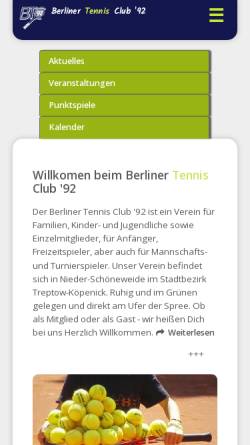 Vorschau der mobilen Webseite www.btc92.de, Berliner Tennis Club '92