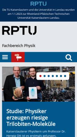 Vorschau der mobilen Webseite www.physik.uni-kl.de, Fachbereich Physik der Universität Kaiserslautern