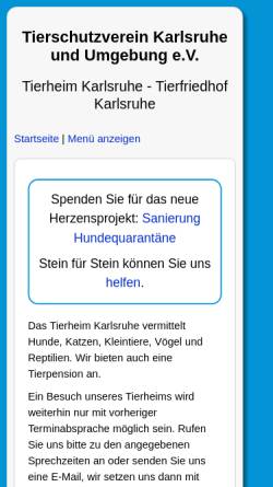 Vorschau der mobilen Webseite www.tierheim-karlsruhe.de, Tierheim und Tierschutzverein Karlsruhe u.U. e.V.