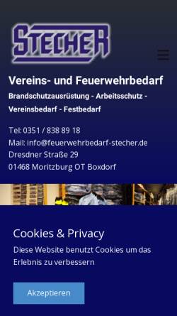 Vorschau der mobilen Webseite www.feuerwehrbedarf-stecher.de, Vereins- und Feuerwehrbedarf Stecher