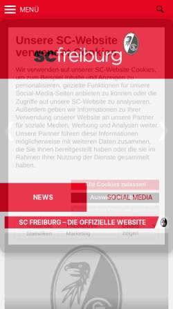 Vorschau der mobilen Webseite www.scfreiburg.com, Sport Club Freiburg