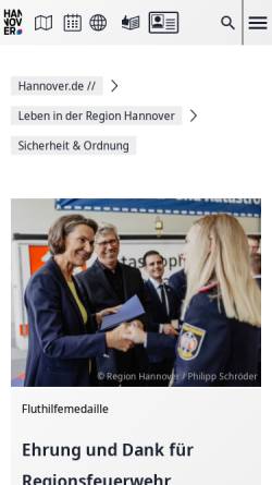 Vorschau der mobilen Webseite www.hannover.de, Freiwillige- und Berufsfeuerwehr Hannover