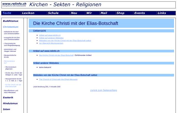 Vorschau von www.relinfo.ch, Relinfo - Kirche Christi mit der Elias-Botschaft