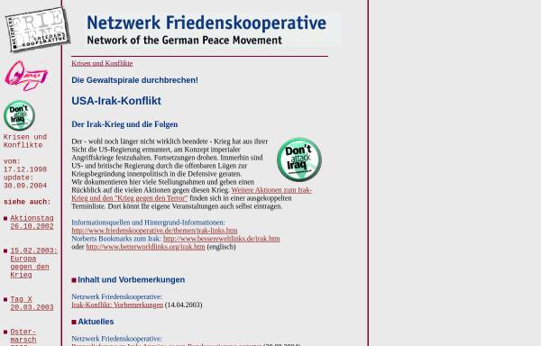 Vorschau von www.friedenskooperative.de, Netzwerk Friedenskooperative: USA-Irak-Konflikt