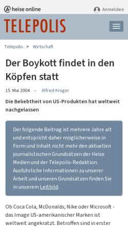 Vorschau der mobilen Webseite www.heise.de, Telepolis: Der Boykott findet in den Köpfen statt