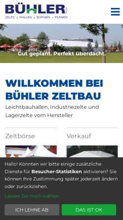 Vorschau der mobilen Webseite www.buehler-zeltbau.de, Bühler Zeltbau GmbH