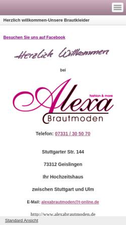 Vorschau der mobilen Webseite www.alexabrautmoden.de, Alexa Brautmoden Roswitha Klettner