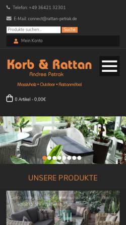 Vorschau der mobilen Webseite www.rattan-petrak.de, Korb & Rattan Andree Petrak, Schleuskau