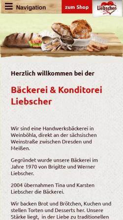Vorschau der mobilen Webseite www.baeckerei-liebscher.de, Bäckerei und Konditorei Karsten Liebscher