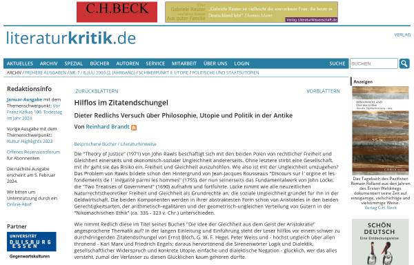 Vorschau von www.literaturkritik.de, Dieter Redlichs Versuch über Philosophie, Utopie und Politik in der Antike