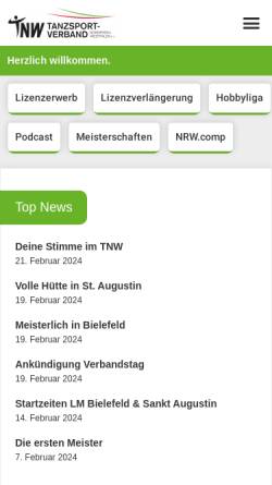 Vorschau der mobilen Webseite www.tnw.de, Tanzsportverband Nordrhein-Westfalen e.V. (TNW)
