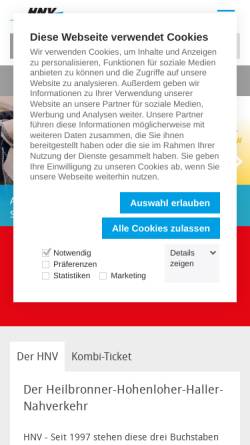 Vorschau der mobilen Webseite www.h3nv.de, HNV Heilbronner, Hohenloher, Haller Nahverkehr