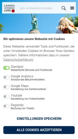 Vorschau der mobilen Webseite www.hermannsdenkmal.de, Hermannsdenkmal in Hiddesen bei Detmold