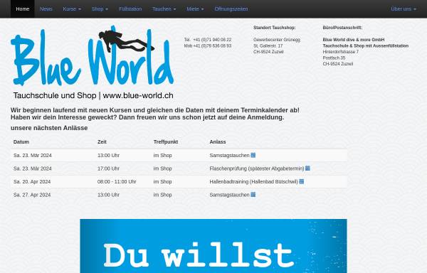 Vorschau von www.blue-world.ch, Tauchschule Blue World dive & morge GmbH
