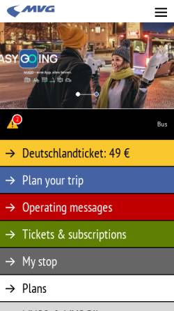 Vorschau der mobilen Webseite www.mvg-mobil.de, Münchener Verkehrsgesellschaft GmbH