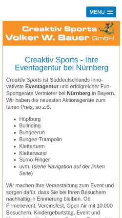 Vorschau der mobilen Webseite www.creaktiv-sports.de, Creaktiv Sports, Volker W. Bauer