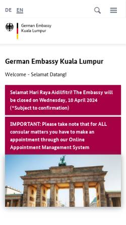 Vorschau der mobilen Webseite www.kuala-lumpur.diplo.de, Deutsche Botschaft in Malaysia