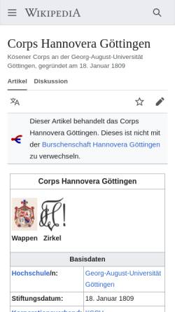 Vorschau der mobilen Webseite www.hannovera.org, Corps Hannovera Göttingen