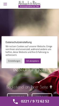 Vorschau der mobilen Webseite ahlbach.de, Ahlbach & Peters Bestattungen, Inhaber Hans-Georg Ahlbach