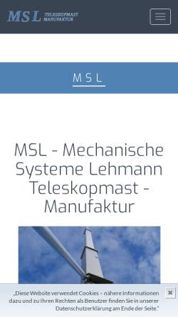 Vorschau der mobilen Webseite www.teleskopmast.de, MSL Mechanische Systeme Lehmann, Inh. Maik Lehmann