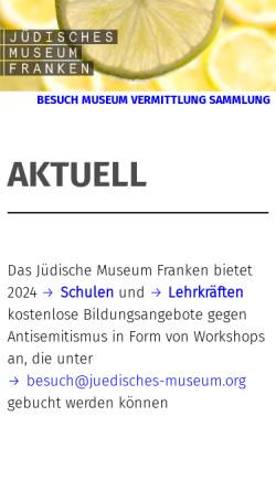 Vorschau der mobilen Webseite www.juedisches-museum.org, Jüdisches Museum Franken - Fürth & Schnaittach