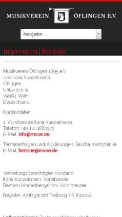 Vorschau der mobilen Webseite www.mvoe.de, Musikverein Öflingen