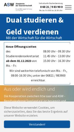 Vorschau der mobilen Webseite www.asw-berufsakademie.de, ASW Berufsakademie Saarland