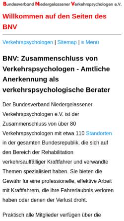 Vorschau der mobilen Webseite www.bnv.de, Bundesverband Niedergelassener Verkehrspsychologen