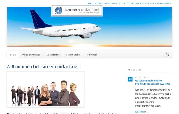 Vorschau von www.career-contact.net, Portal zu Jobs, Ferienjobs und Praktika im Ausland