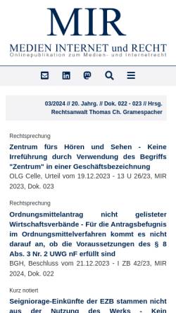 Vorschau der mobilen Webseite medien-internet-und-recht.de, Medien Internet und Recht
