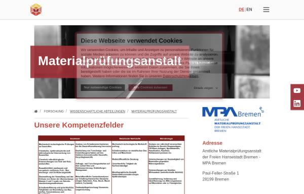 Vorschau von www.mpa-bremen.de, Amtliche Materialprüfungsanstalt (MPA) der Freien Hansestadt Bremen