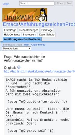Vorschau der mobilen Webseite linuxwiki.de, LinuxWiki.org: Emacs/AnführungszeichenProbleme