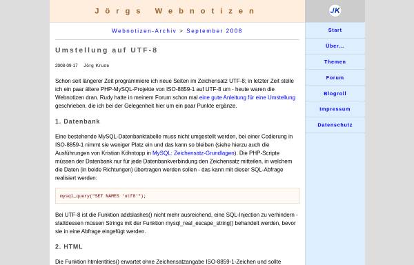 Vorschau von notizen.joergkrusesweb.de, Umstellung auf UTF-8
