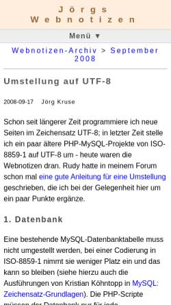 Vorschau der mobilen Webseite notizen.joergkrusesweb.de, Umstellung auf UTF-8