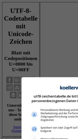 Vorschau der mobilen Webseite www.utf8-zeichentabelle.de, UTF-8-Codetabelle mit Unicode-Zeichen