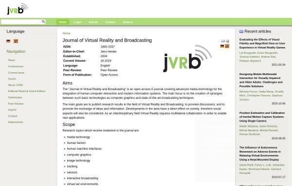 Vorschau von www.jvrb.org, Journal of Virtual Reality and Broadcasting