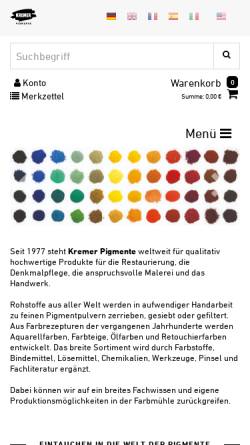 Vorschau der mobilen Webseite www.kremer-pigmente.com, Kremer Pigmente