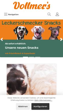 Vorschau der mobilen Webseite vollmers.de, Vollmers Hunde und Katzen Menü