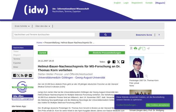 Helmut-Bauer-Nachwuchspreis für MS-Forschung an Dr. Thomas Korn verliehen