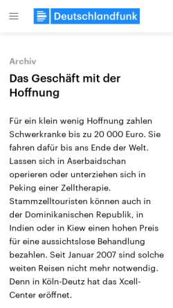 Vorschau der mobilen Webseite www.deutschlandfunk.de, XCell: Deutschlandfunk - Wissenschaft im Brennpunkt - Das Geschäft mit der Hoffnung