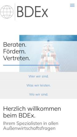 Vorschau der mobilen Webseite www.bdex.de, BDEx, Bundesverband des deutschen Exporthandels e.V