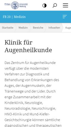 Vorschau der mobilen Webseite www.uni-marburg.de, Augenklinik Universität Marburg