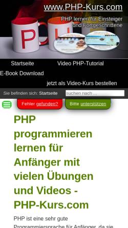 Vorschau der mobilen Webseite www.php-kurs.com, PHP-Kurs und MySQL Tutorial mit kostenlosen eBook