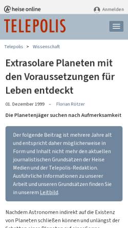 Vorschau der mobilen Webseite www.heise.de, Extrasolare Planeten mit den Voraussetzungen für Leben