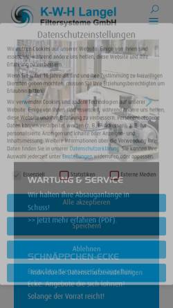 Vorschau der mobilen Webseite www.kwh-filtersysteme.de, K-W-H Langel Filtersysteme GmbH