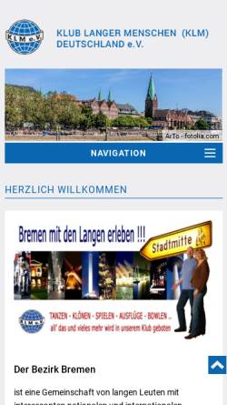 Vorschau der mobilen Webseite www.klm-bremen.de, Klub Langer Menschen Deutschland e.V. - Bezirk Bremen