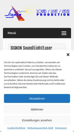 Vorschau der mobilen Webseite www.signon.de, Signon Sound/Light/Laser Production, Inh. Dipl.-Ing. (FH) Elektrotechnik Frank und Uwe Nonnenmacher