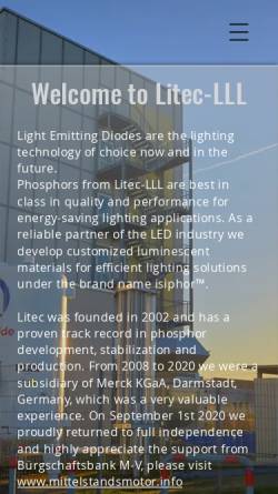 Vorschau der mobilen Webseite www.litec-lll.de, Litec LLL Leuchtstoffe-Lampen-Lichttechnik