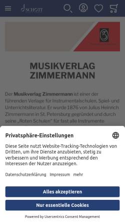 Vorschau der mobilen Webseite www.zimmermann-frankfurt.de, Musikverlage Zimmermann und Robert Lienau
